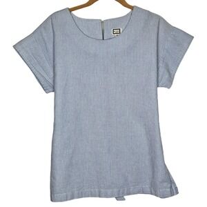 Mo:Vint‎ New York Seersucker Boxy Blue White Striped Cotton Top Back Tie Small